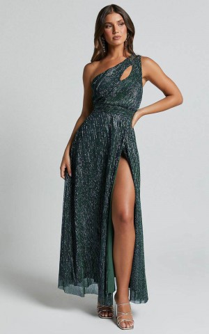 Showpo Isra Maxi Dress - Lurex Slit Cut Out One Shoulder Dress Emerald | FRUIYH057