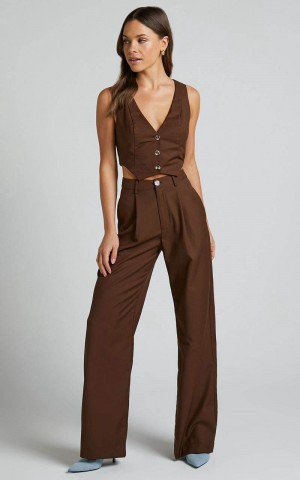 Showpo Izara Trousers - Mid Rise Relaxed Straight Leg Tailored Trousers Chocolate | CASDBP285