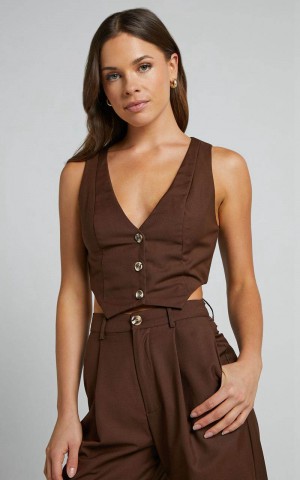 Showpo Izara Vest - V Neck Button Up Cropped Vest Chocolate | AVRJHZ471