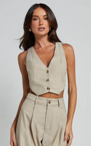 Showpo Izara Vest - V Neck Button Up Cropped Vest Oatmeal | LJGTFR584