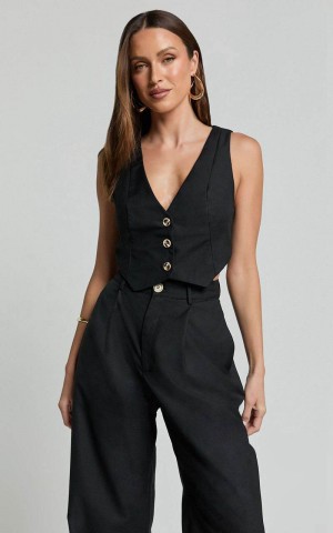 Showpo Izara Vest - V Neck Button Up Cropped Vest Black | FJWCLG158