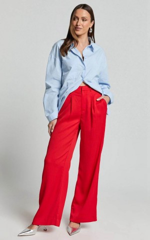 Showpo Jacie Pants - High Waisted Relaxed Textured Pants Red | HSXCKE834