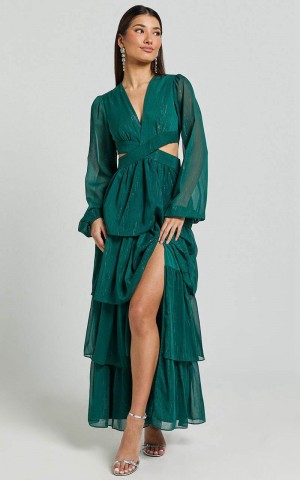 Showpo Jacinda Maxi Dress - Cut Out Long Sleeve Thigh Split Tiered Dress Emerald | IMPTKB240