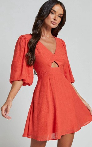 Showpo Jackielyn Mini Dress - Front Cut Out V Neck Puff Sleeve A Line Dress Papaya | HFQGDB247