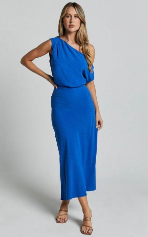 Showpo Jacqueline Midi Dress - Linen Look One Shoulder Dress Cobalt | YOFPDS926