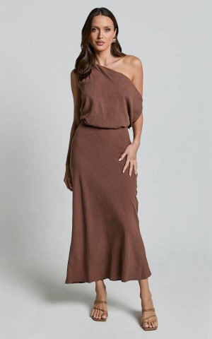 Showpo Jacqueline Midi Dress - Linen Look One Shoulder Dress Chocolate | RCLTNP906