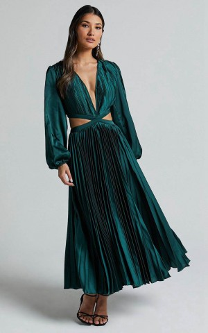 Showpo Jade Midi Dress - Side Cut Out Pleated Balloon Sleeve Dress Emerald Green | YFBNDM182