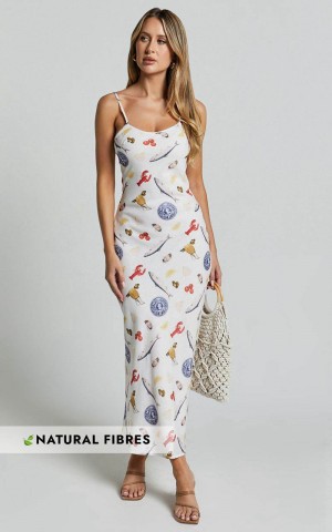 Showpo Jamilla Midi Dress - Bias Cut Linen Look Midi Slip Dress Seaside Print | VNHSOK985