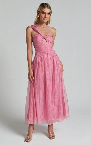 Showpo Janeilla Midi Dress - One Shoulder Cut Out Front Ruched Fit And Flare Dress Pink | QYFLOT824