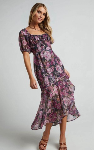 Showpo Jasalina Midi Dress - Puff Sleeve Dress Harvest Floral | QMWEDL908