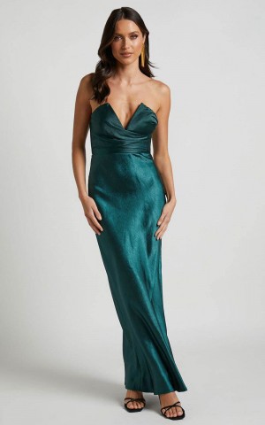 Showpo Jaslynn Midi Dress - Strapless V Neck Satin Dress Jade Green | UCQYEX234