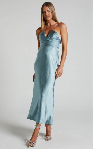 Showpo Jaslynn Midi Dress - Strapless V Neck Satin Dress Ice Blue | GTAQOH710