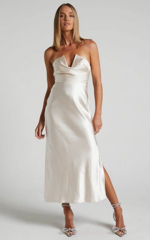 Showpo Jaslynn Midi Dress - Strapless V Neck Satin Dress Champagne | SJUZED235