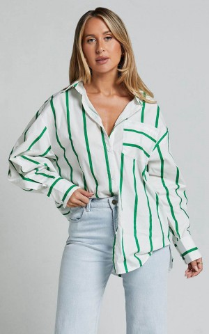 Showpo Jaycey Shirt - Long Sleeve Pocket Detail Shirt White And Green Stripe | AVXZIP418