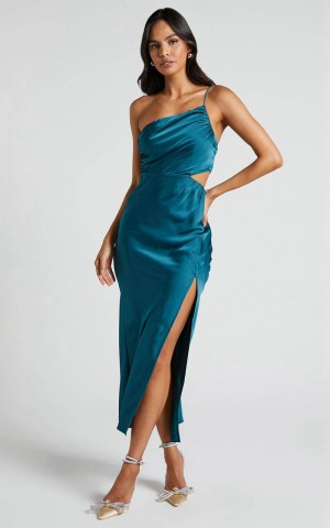 Showpo Jaylani Midi Dress - One Shoulder Thigh Split Gathered Satin Dress Teal | QGEHZJ716