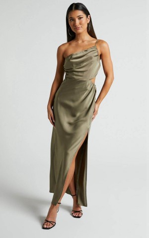 Showpo Jaylani Midi Dress - One Shoulder Thigh Split Gathered Satin Dress Dark Olive | LMGWAN903