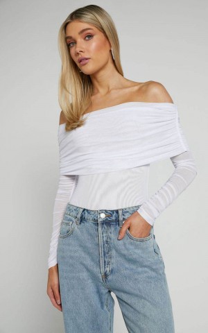 Showpo Jaythen Bodysuit - Long Sleeve Off Shoulder Ruched Mesh Bodysuit White | EJTKZX723