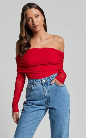 Showpo Jaythen Bodysuit - Long Sleeve Off Shoulder Ruched Mesh Bodysuit Red | XONLHP186