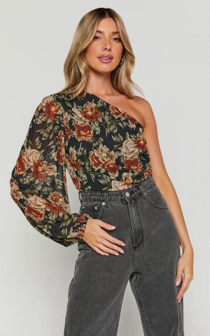 Showpo Jaziel Bodysuit - One Shoulder Ruched Bodysuit Black Floral | DPMLTS281