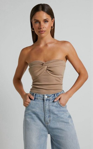 Showpo Jelena Top - Jersey Strapless Twist Front Top Tan | QDCGAR938