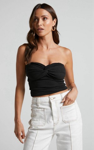 Showpo Jelena Top - Jersey Strapless Twist Front Top Black | RNSXIE572