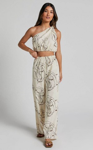 Showpo Jemima Two Piece Set - Linen Look One Shoulder Crop And Pants Set Rust Floral | UPBIVJ786