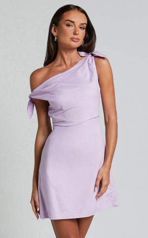 Showpo Jeofina Mini Dress - Off The Shoulder Linen Look Dress Lilac | BYWELQ716