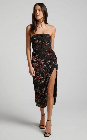 Showpo Jessell Midi Dress - High Split Strapless Dress Black Floral | WAVHSR387