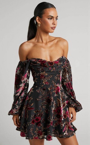 Showpo Jessell Mini Dress - Long Sleeve Cowl Corset Dress Black Floral | MAXYPI671