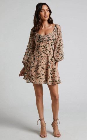 Showpo Jessell Mini Dress - Long Sleeve Cowl Corset Dress Beige Floral | FEVYJR425