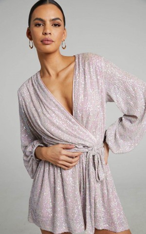 Showpo Jessen Playsuit - Tie Waist Balloon Sleeve Playsuit Blush Sequin | NRWFMO612