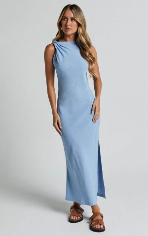 Showpo Jessenia Maxi Dress - Linen Look High Neck Dress Blue | NYZLXD875