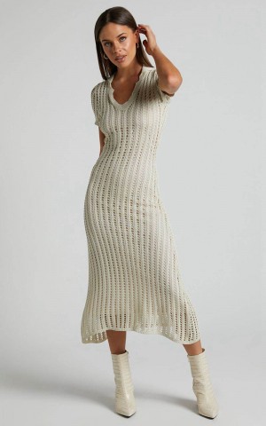 Showpo Jolie Midi Dress - Crochet Collared Short Sleeve Dress Cream | DBCYOL247