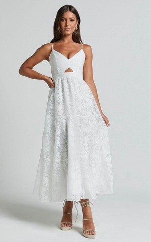 Showpo Jorie Midi Dress - Strappy Front Cut Out Tiered Skirt White | ABULOG215