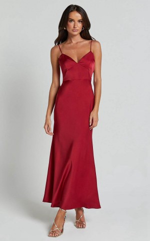 Showpo Jovana Midi Dress - Bust Panel Detail Satin Slip Dress Wine | RZXDHJ897