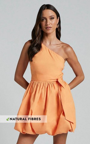 Showpo Jovette Mini Dress - One Shoulder Tie Waist Bubble Hem Dress Apricot | JBXICE582