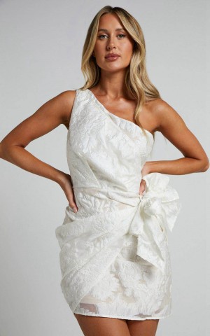 Showpo Kailey Mini Dress - One Shoulder Wrap Front Dress White & Beige Jacquard | PTASGK967