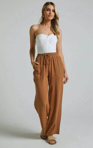 Showpo Kala Pants - Mid Waisted Relaxed Elastic Waist Pants Tobacco | OICJUV392