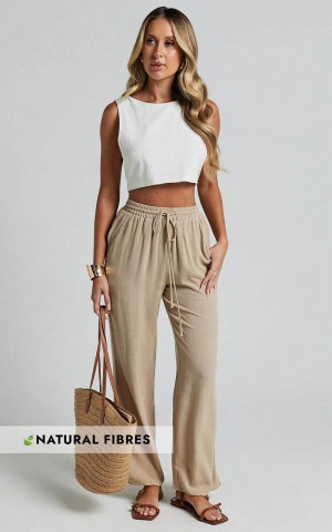 Showpo Kala Pants - Mid Waisted Relaxed Elastic Waist Pants Sand | ORCUSW568