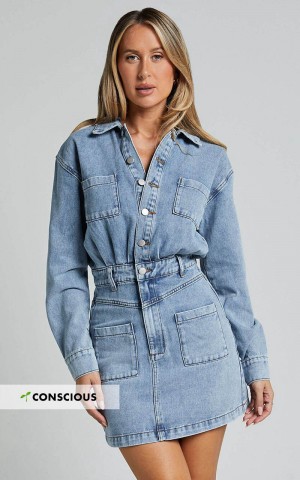 Showpo Kamala Mini Dress - Long Sleeve Button Through Denim Dress Light Blue Wash | OMGZQC368