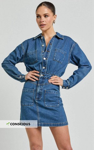 Showpo Kamala Mini Dress - Long Sleeve Button Through Denim Dress Dark Blue Wash | BCIMLV485