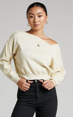 Showpo Kamille Top - Asymmetric Side Shoulder Knit Top Off White | KNSRYZ967