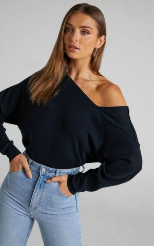 Showpo Kamille Top - Asymmetric Side Shoulder Knit Top Black | ZDOBEG498