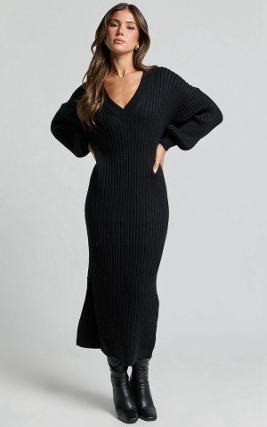 Showpo Kartia Midi Dress - V Neck Knit Dress Black | WXYUSF185