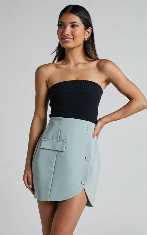 Showpo Kathia Mini Skirt - Asymmetric Button Detail Skirt Sage | CVAQLB795