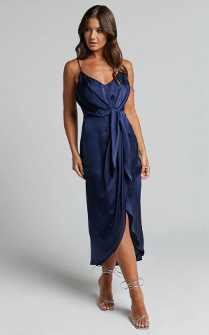 Showpo Katie Midi Dress - V Neck Tie Front Detail Dress Mid Night Blue | VLRNSF917