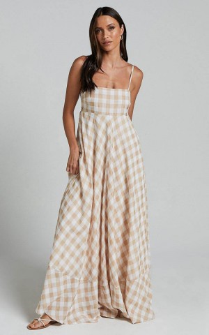 Showpo Katrien Maxi Dress - Strappy Empire Waist Flare Dress Beige And White Check | YKVLHT467