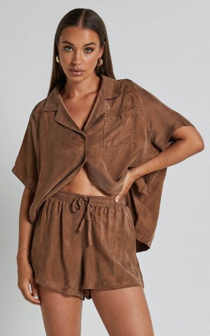 Showpo Kaya Shorts - Cupro Drawstring Asymmetrical Hem Shorts Mocha | MAIPKT825