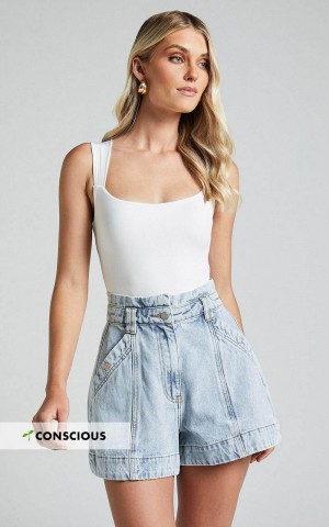 Showpo Kayla Denim Shorts - High Waisted A Line Denim Shorts Light Blue Wash | UVQSFY385