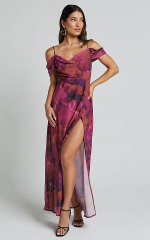 Showpo Keira Midi Dress - Draped Off The Shoulder Dress Electric Cloud - Purple | TQDJEL714